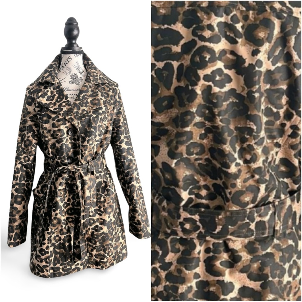 Leopard Print Trench Coat Belted Animal Print Statement Jacket Size Large - Picture 2 of 5